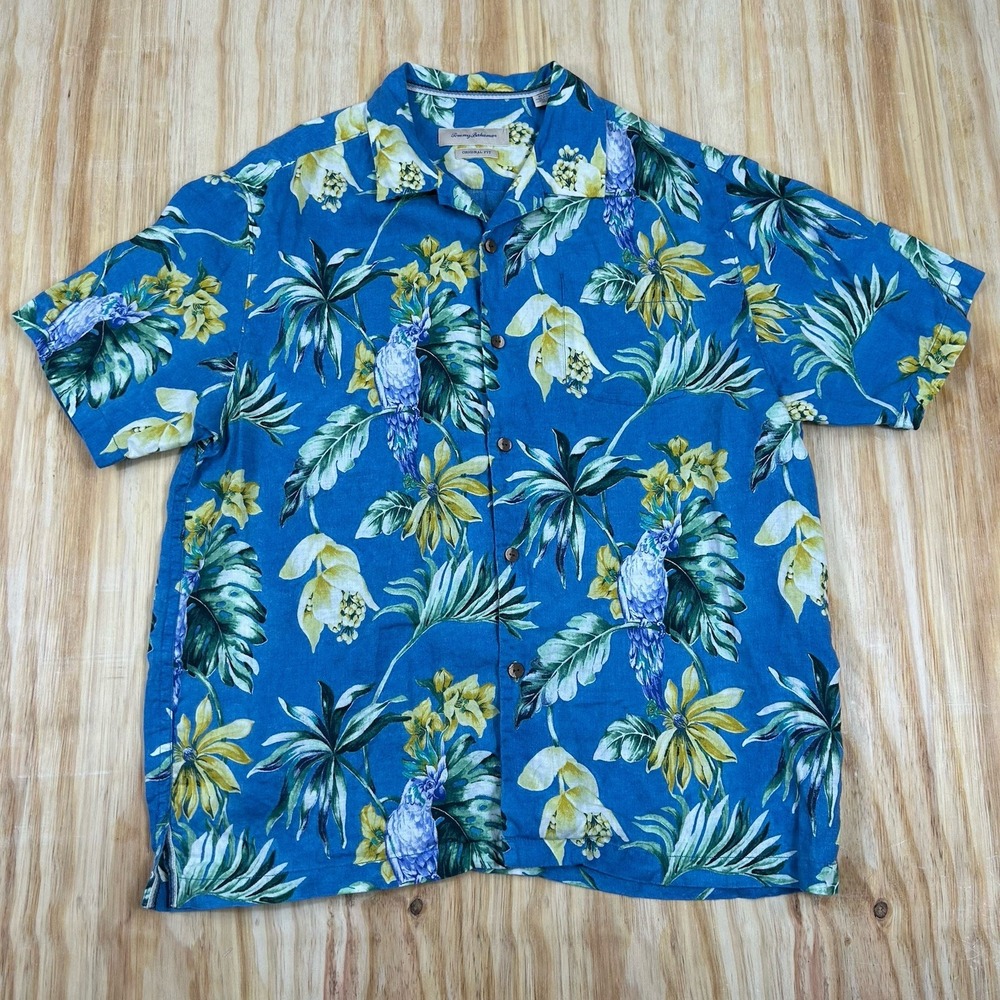 Tommy Bahama Men's Original Fit Linen Hawaiian‎ Shirt parrot parakeet Size XL